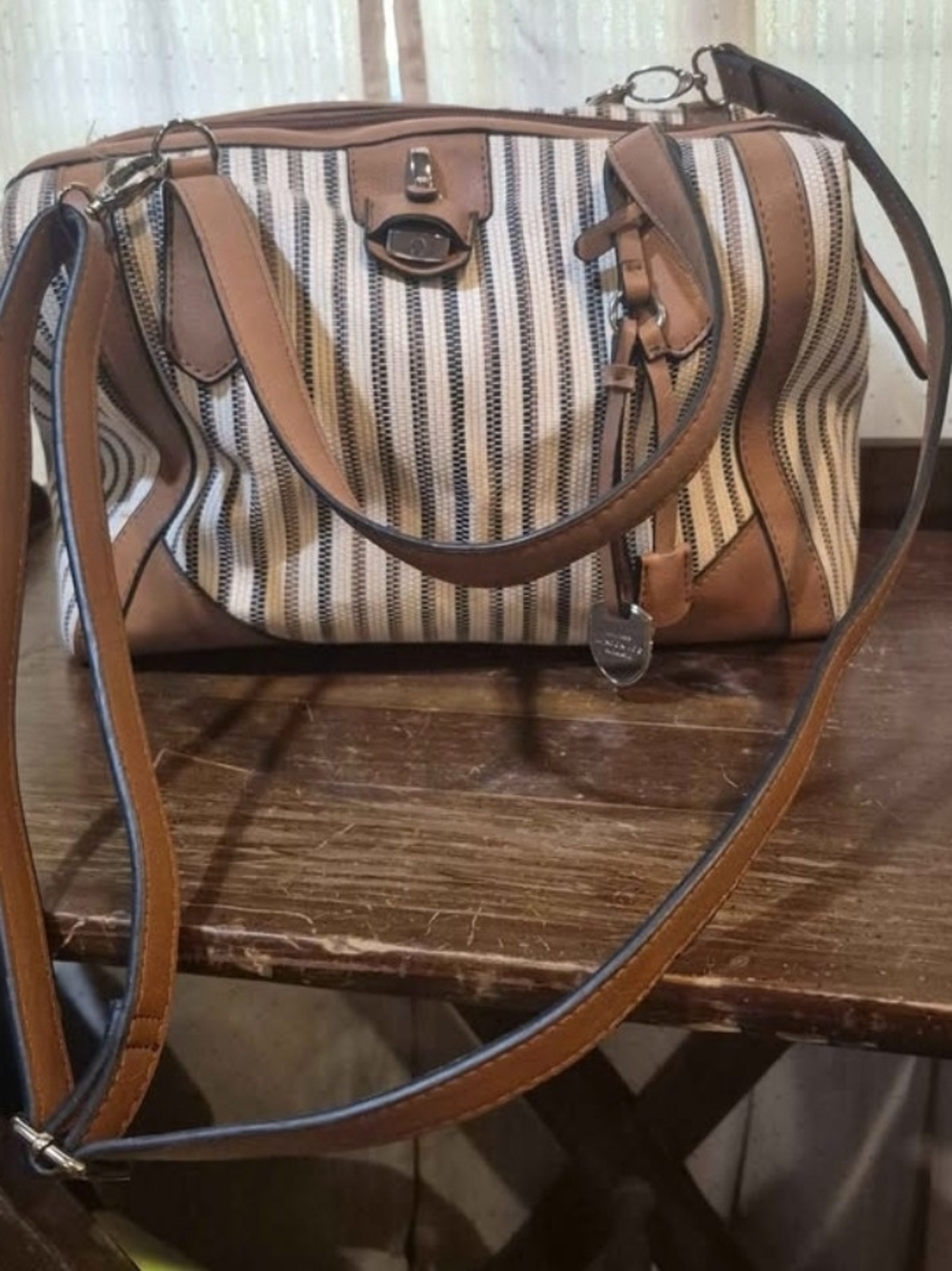 London Fog Striped Satchel Handbag - Brown/Cream Canvas